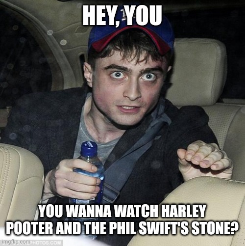Idk anymore honestly. | HEY, YOU; YOU WANNA WATCH HARLEY POOTER AND THE PHIL SWIFT'S STONE? | image tagged in harry potter crazy | made w/ Imgflip meme maker