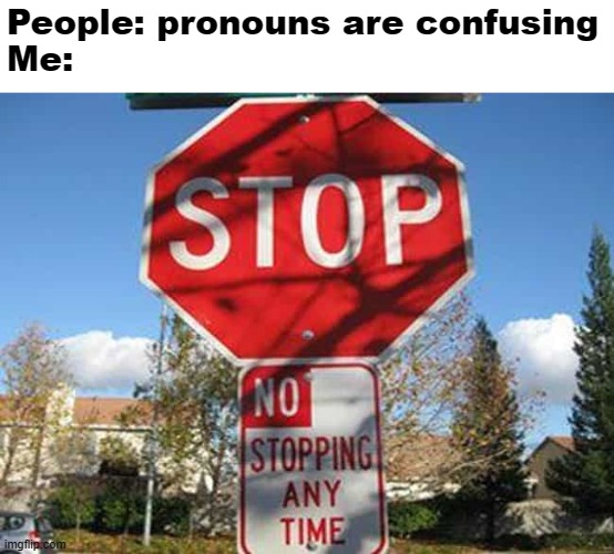 why pronouns aren't confusing | People: pronouns are confusing
Me: | image tagged in confusing street sign | made w/ Imgflip meme maker
