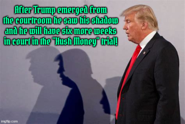 6 more weeks... | After Trump emerged from the courtroom he saw his shadow and he will have six more weeks in court in the "Hush Money" trial! | image tagged in hush money trial,trump in court,nyc trail,maga moron,6 more weeks | made w/ Imgflip meme maker