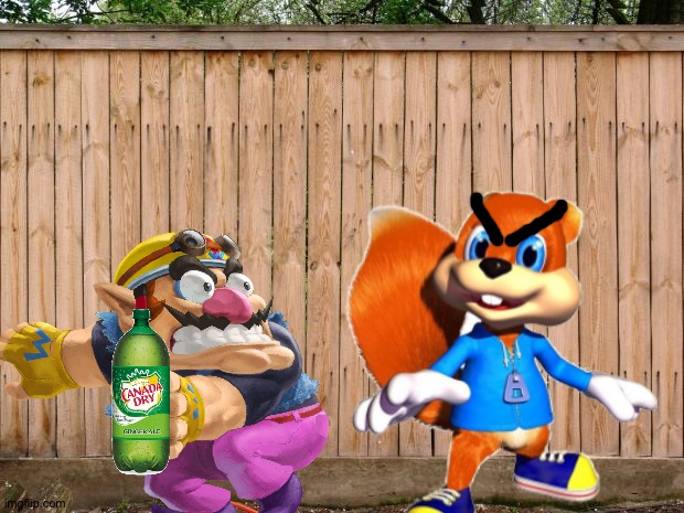 Wario dies by stealing Conker's Canada Dry ginger ale | image tagged in fence,wario dies,crossover | made w/ Imgflip meme maker