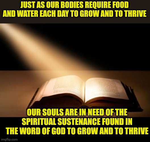 JUST AS OUR BODIES REQUIRE FOOD AND WATER EACH DAY TO GROW AND TO THRIVE; OUR SOULS ARE IN NEED OF THE SPIRITUAL SUSTENANCE FOUND IN THE WORD OF GOD TO GROW AND TO THRIVE | image tagged in bible,black background | made w/ Imgflip meme maker