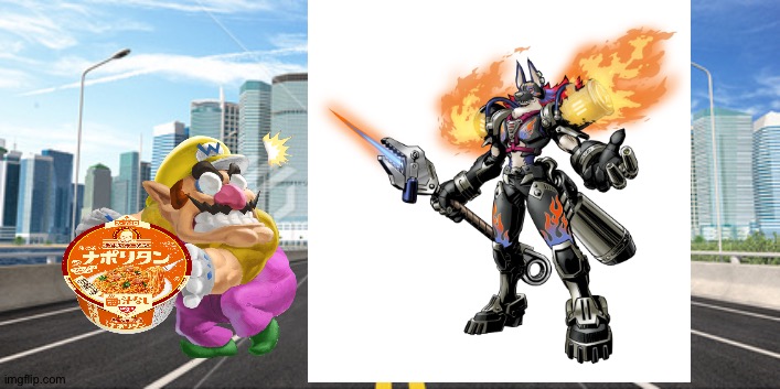 Wario dies by stealing Soloogarmon's ramen | image tagged in city background,wario,wario dies,digimon,crossover | made w/ Imgflip meme maker