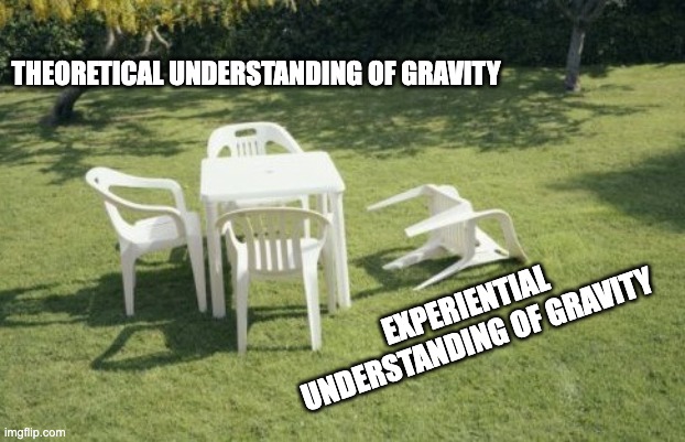 Gravity fa(i)lls | THEORETICAL UNDERSTANDING OF GRAVITY; EXPERIENTIAL UNDERSTANDING OF GRAVITY | image tagged in memes,we will rebuild,gravity,literal | made w/ Imgflip meme maker