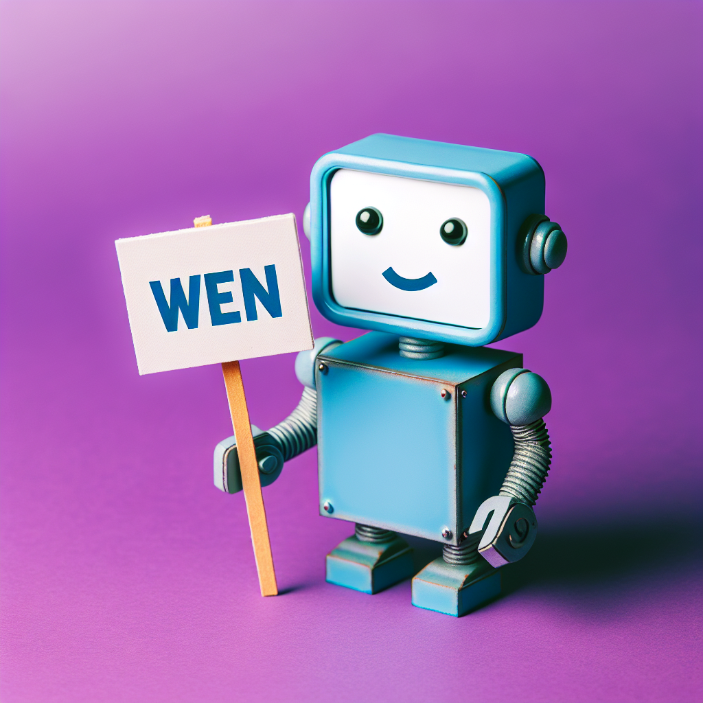 Light blue square head robot with a sign that says WEN purple ba Blank Meme Template