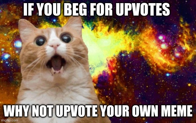 WHAAAAAT | IF YOU BEG FOR UPVOTES; WHY NOT UPVOTE YOUR OWN MEME | image tagged in mind blown cat | made w/ Imgflip meme maker