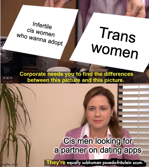 Men who want biological kids instead of adopting are cryptomisogynists | Infertile cis women who wanna adopt; Trans women; Cis men looking for a partner on dating apps; equally subhuman psuedo-fräulein scum. | image tagged in memes,they're the same picture,misogyny,trans female,dating,funny | made w/ Imgflip meme maker