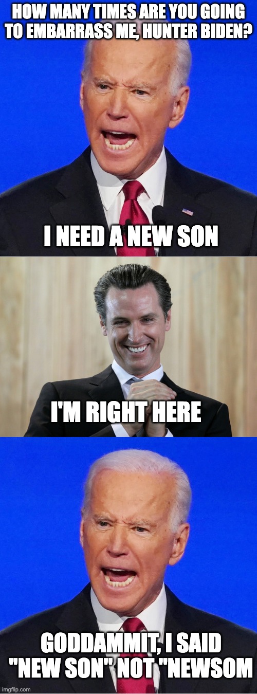 HOW MANY TIMES ARE YOU GOING TO EMBARRASS ME, HUNTER BIDEN? I NEED A NEW SON; I'M RIGHT HERE; GODDAMMIT, I SAID "NEW SON" NOT "NEWSOM | image tagged in angry blue joe biden,scheming gavin newsom | made w/ Imgflip meme maker