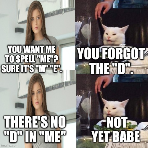 YOU WANT ME TO SPELL "ME"? SURE IT'S "M" "E". YOU FORGOT THE "D". THERE'S NO "D" IN "ME"; NOT YET BABE | image tagged in smudge that darn cat with karen,smudge the cat | made w/ Imgflip meme maker