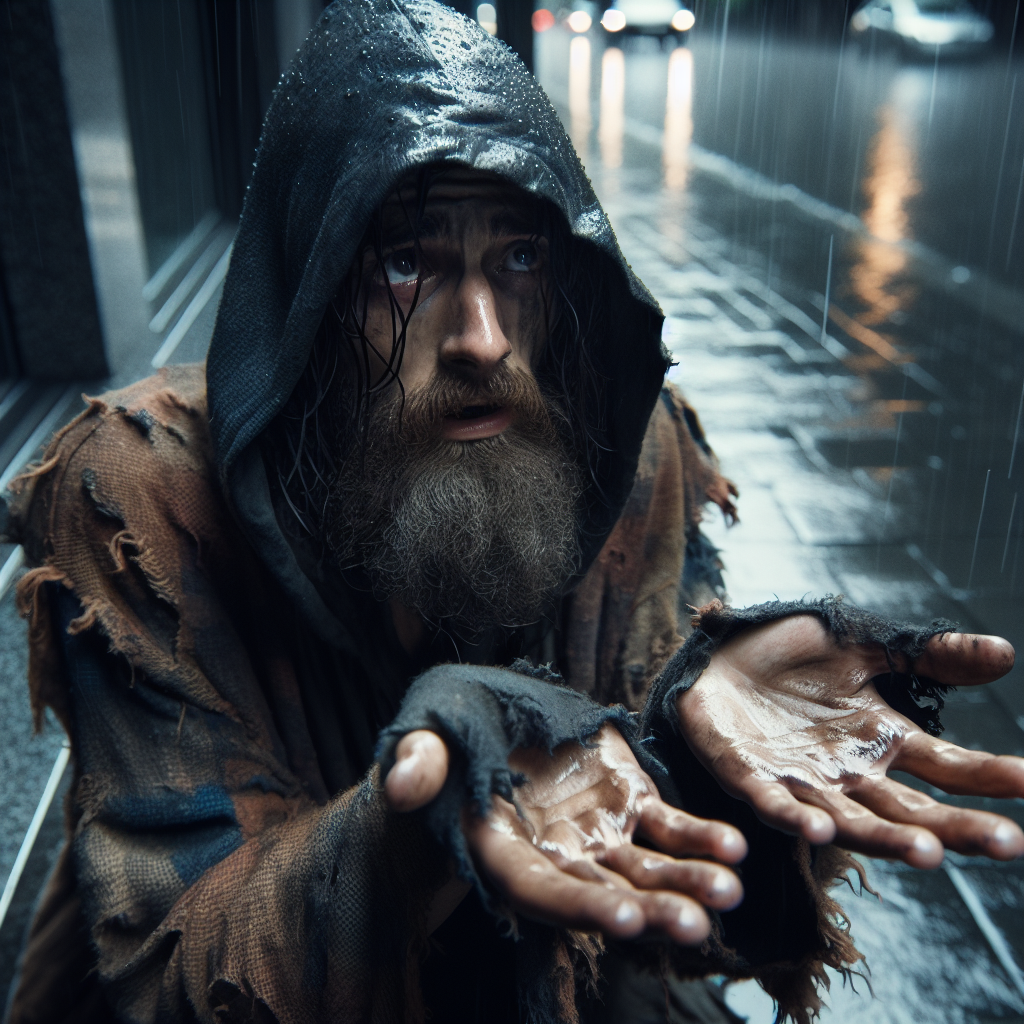 Beggar in rain, begging for money. Dirty Blank Meme Template