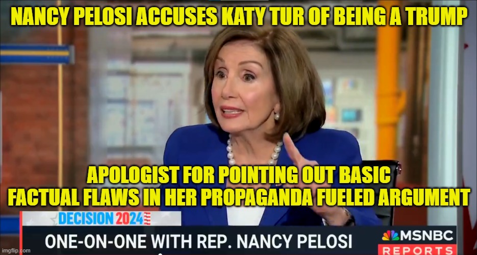 Propagandist calls rare democrat Propagandist a Trump Apologist for stating facts | NANCY PELOSI ACCUSES KATY TUR OF BEING A TRUMP; APOLOGIST FOR POINTING OUT BASIC FACTUAL FLAWS IN HER PROPAGANDA FUELED ARGUMENT | image tagged in msnbc,nancy pelosi,pelosi,fake news,trump,propaganda | made w/ Imgflip meme maker