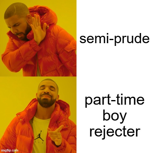 Drake Hotline Bling Meme | semi-prude part-time boy rejecter | image tagged in memes,drake hotline bling | made w/ Imgflip meme maker