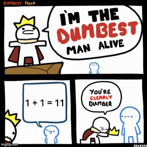 That was very smort! | 1 + 1 = 11 | image tagged in i'm the dumbest man alive,funny,math | made w/ Imgflip meme maker