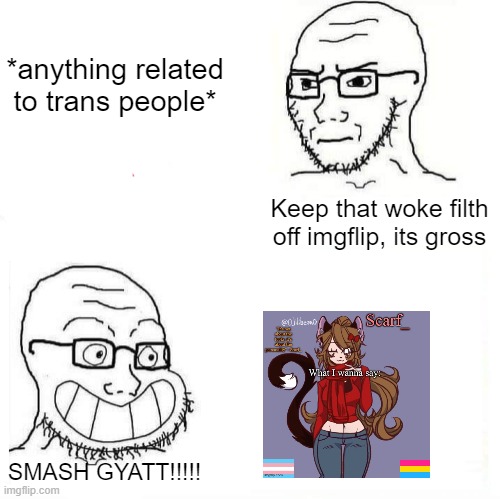 So True Wojak | *anything related to trans people*; Keep that woke filth off imgflip, its gross; SMASH GYATT!!!!! | image tagged in so true wojak | made w/ Imgflip meme maker