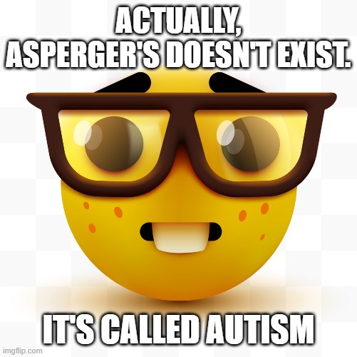 Nerd emoji | ACTUALLY, ASPERGER'S DOESN'T EXIST. IT'S CALLED AUTISM | image tagged in nerd emoji | made w/ Imgflip meme maker