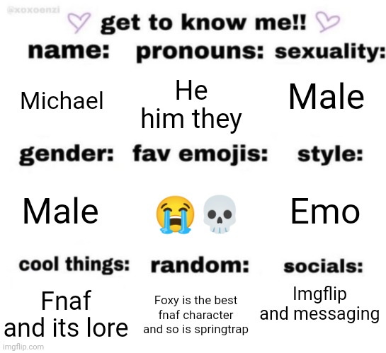 get to know me but better | Male; Michael; He him they; Emo; 😭💀; Male; Imgflip and messaging; Foxy is the best fnaf character and so is springtrap; Fnaf and its lore | image tagged in get to know me but better | made w/ Imgflip meme maker