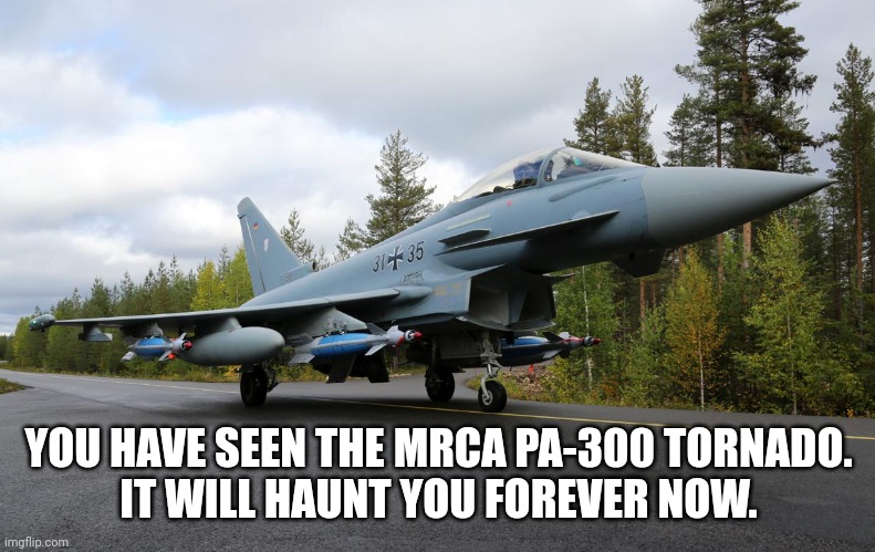 YOU HAVE SEEN THE MRCA PA-300 TORNADO.
IT WILL HAUNT YOU FOREVER NOW. | made w/ Imgflip meme maker