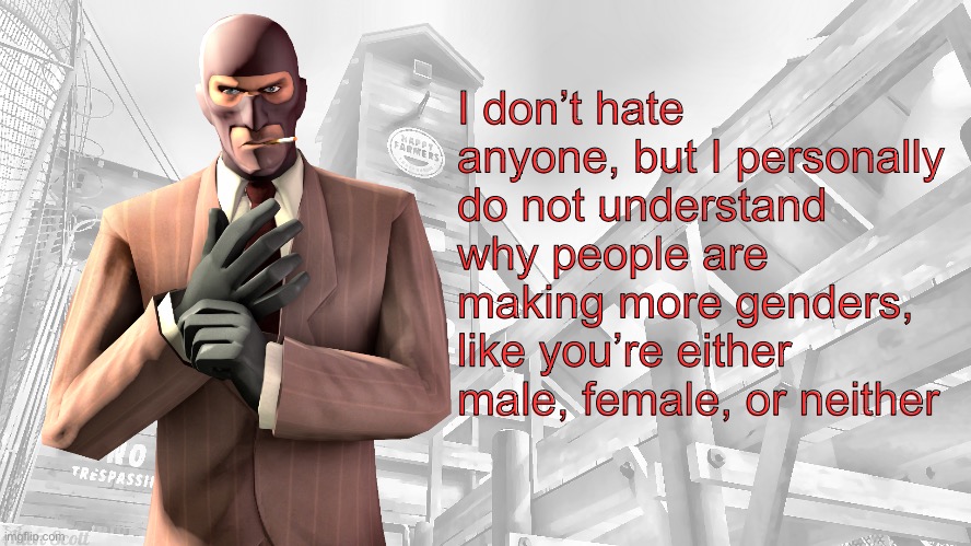 TF2 spy casual yapping temp | I don’t hate anyone, but I personally do not understand why people are making more genders, like you’re either male, female, or neither | image tagged in tf2 spy casual yapping temp | made w/ Imgflip meme maker