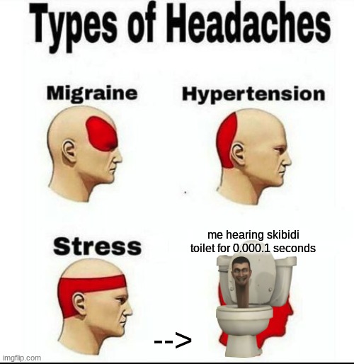 I hate skibidi toilet but this is for skibidi toilet fans | me hearing skibidi toilet for 0.000.1 seconds; --> | image tagged in types of headaches meme | made w/ Imgflip meme maker