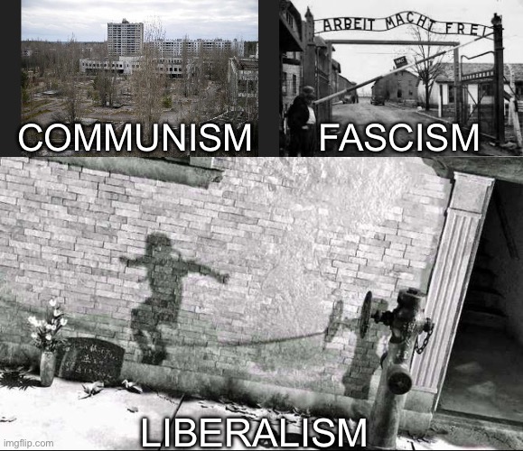 COMMUNISM; FASCISM; LIBERALISM | image tagged in pripyat,auschwitz | made w/ Imgflip meme maker