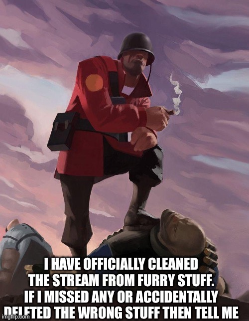 It was painful yes, but worth it | I HAVE OFFICIALLY CLEANED THE STREAM FROM FURRY STUFF. IF I MISSED ANY OR ACCIDENTALLY DELETED THE WRONG STUFF THEN TELL ME | image tagged in tf2 soldier poster crop | made w/ Imgflip meme maker