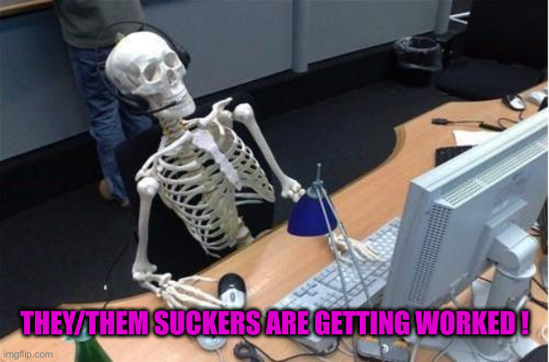 Skeleton at desk/computer/work | THEY/THEM SUCKERS ARE GETTING WORKED ! | image tagged in skeleton at desk/computer/work | made w/ Imgflip meme maker