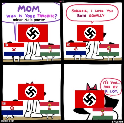 Hungary was Germany's favorite minor Axis power | minor Axis power | image tagged in mom who is your favorite,hungary,croatia,nazi germany,ww2 | made w/ Imgflip meme maker