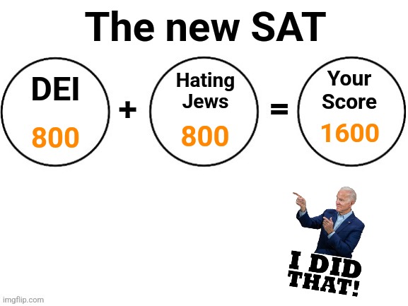 Like a Venn diagram, having no intersection of Jews and inclusiveness | The new SAT; Your
Score; Hating
Jews; DEI; 800; 800; 1600 | image tagged in memes,antisemitism,sat,democrats,joe biden,terrorists | made w/ Imgflip meme maker