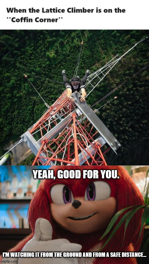 When i watch the freeclimber | YEAH, GOOD FOR YOU. I'M WATCHING IT FROM THE GROUND AND FROM A SAFE DISTANCE... | image tagged in lattice climber,lattice climbing,knuckles,meme,memes,template | made w/ Imgflip meme maker