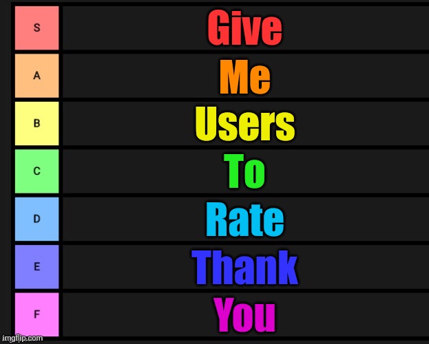 Tier List | Give; Me; Users; To; Rate; Thank; You | image tagged in tier list | made w/ Imgflip meme maker