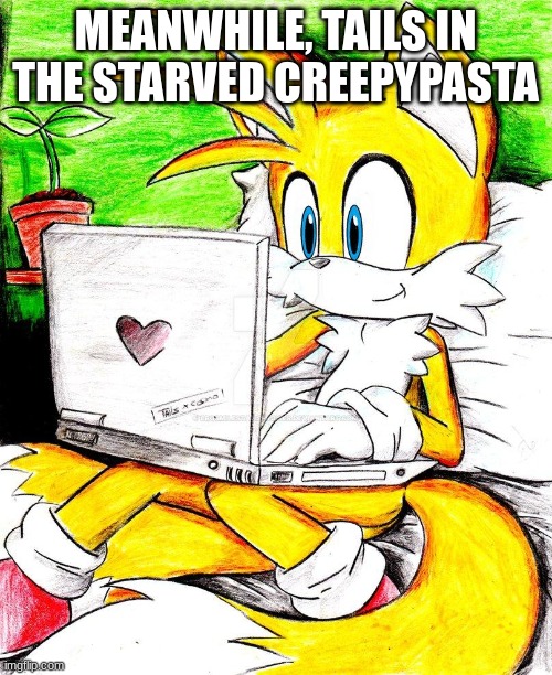 tails chilln | MEANWHILE, TAILS IN THE STARVED CREEPYPASTA | image tagged in tails chilln | made w/ Imgflip meme maker