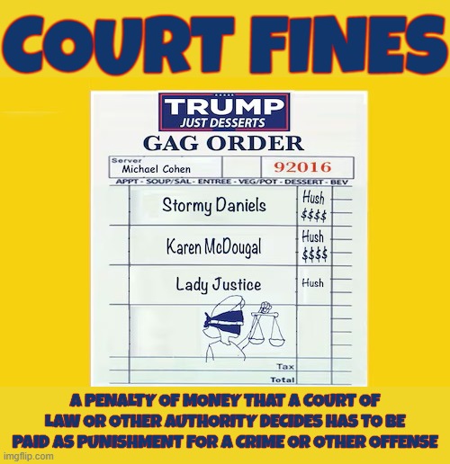 COURT FINES | COURT FINES; A PENALTY OF MONEY THAT A COURT OF LAW OR OTHER AUTHORITY DECIDES HAS TO BE PAID AS PUNISHMENT FOR A CRIME OR OTHER OFFENSE | image tagged in court fines,penalty,fine,punishment,crime,contempt | made w/ Imgflip meme maker