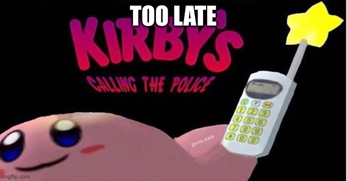 Kirby's calling the Police | TOO LATE | image tagged in kirby's calling the police | made w/ Imgflip meme maker