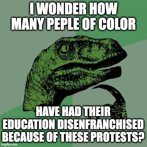 Philosoraptor Meme | I WONDER HOW MANY PEPLE OF COLOR; HAVE HAD THEIR EDUCATION DISENFRANCHISED BECAUSE OF THESE PROTESTS? | image tagged in memes,philosoraptor | made w/ Imgflip meme maker