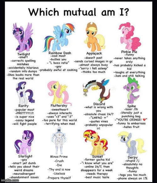 Which mutual am I MLP | Minos Prime
-Crush
-Die
-Thy end is now
-Useless
-Prepare thyself | image tagged in which mutual am i mlp | made w/ Imgflip meme maker