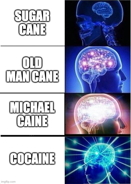 cane | SUGAR CANE; OLD MAN CANE; MICHAEL CAINE; COCAINE | image tagged in memes,expanding brain | made w/ Imgflip meme maker
