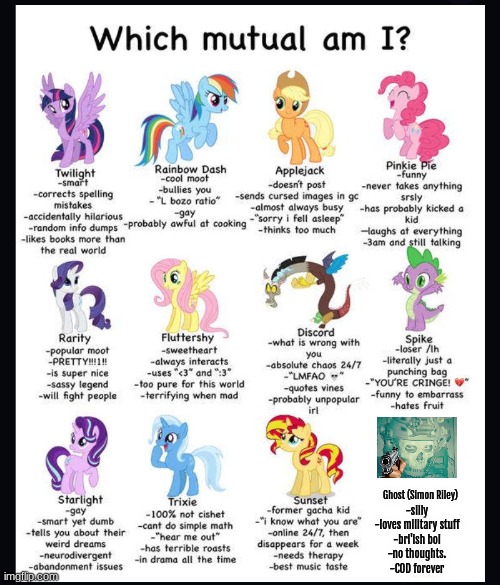 who am i. (kinda obvi) | Ghost (Simon Riley); -silly
-loves military stuff
-bri'ish boi
-no thoughts.
-COD forever | image tagged in which mutual am i mlp | made w/ Imgflip meme maker