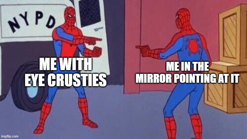 spiderman pointing at spiderman | ME WITH EYE CRUSTIES; ME IN THE MIRROR POINTING AT IT | image tagged in spiderman pointing at spiderman | made w/ Imgflip meme maker