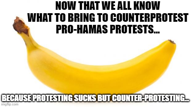 Protesting Sucks | NOW THAT WE ALL KNOW WHAT TO BRING TO COUNTERPROTEST PRO-HAMAS PROTESTS... BECAUSE PROTESTING SUCKS BUT COUNTER-PROTESTING... | image tagged in banana,protest,dumb leftists | made w/ Imgflip meme maker