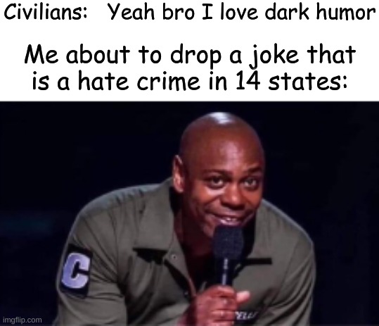 so true | Civilians:   Yeah bro I love dark humor; Me about to drop a joke that is a hate crime in 14 states: | image tagged in dark humor,dark,funny | made w/ Imgflip meme maker