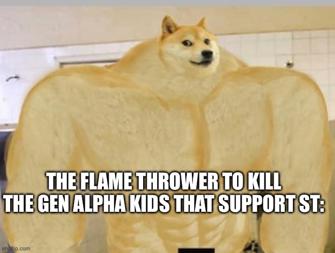 Buff Doge | THE FLAME THROWER TO KILL THE GEN ALPHA KIDS THAT SUPPORT ST: | image tagged in buff doge | made w/ Imgflip meme maker