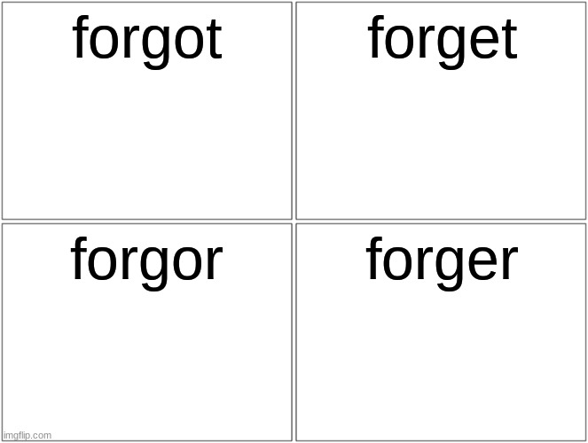 he forger | forgot; forget; forgor; forger | image tagged in memes,blank comic panel 2x2 | made w/ Imgflip meme maker