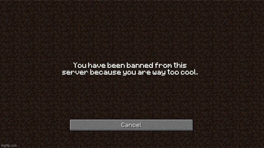 What if you're too cool in minecraft | You have been banned from this server because you are way too cool. | image tagged in minecraft blank banned screen template | made w/ Imgflip meme maker