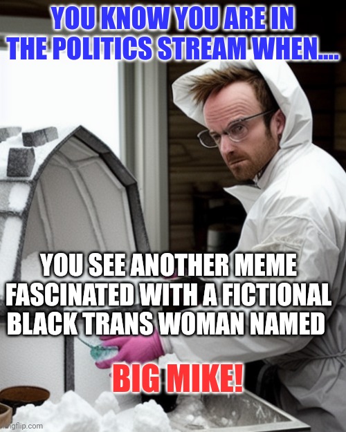 Trans fantasies everyday! | YOU KNOW YOU ARE IN THE POLITICS STREAM WHEN.... YOU SEE ANOTHER MEME FASCINATED WITH A FICTIONAL BLACK TRANS WOMAN NAMED; BIG MIKE! | image tagged in snowcones | made w/ Imgflip meme maker