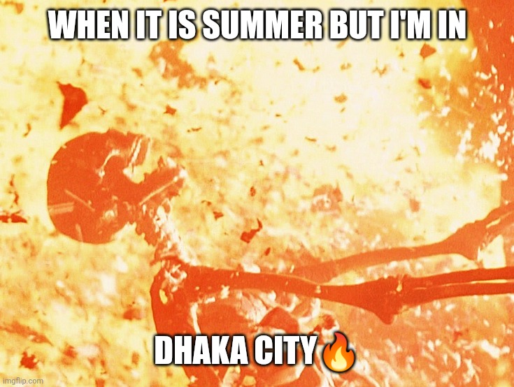 Summertime happiness | WHEN IT IS SUMMER BUT I'M IN; DHAKA CITY🔥 | image tagged in fire skeleton | made w/ Imgflip meme maker