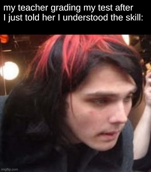 my teacher grading my test after I just told her I understood the skill: | image tagged in gerard way,math,school,i'm stupid,i'm a liar,i am a huge liar | made w/ Imgflip meme maker