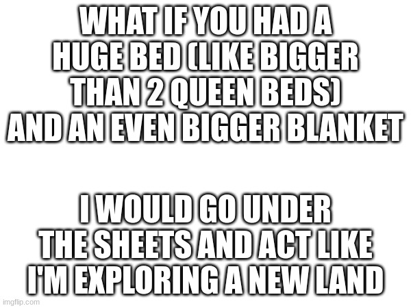 WHAT IF YOU HAD A HUGE BED (LIKE BIGGER THAN 2 QUEEN BEDS) AND AN EVEN BIGGER BLANKET; I WOULD GO UNDER THE SHEETS AND ACT LIKE I'M EXPLORING A NEW LAND | made w/ Imgflip meme maker