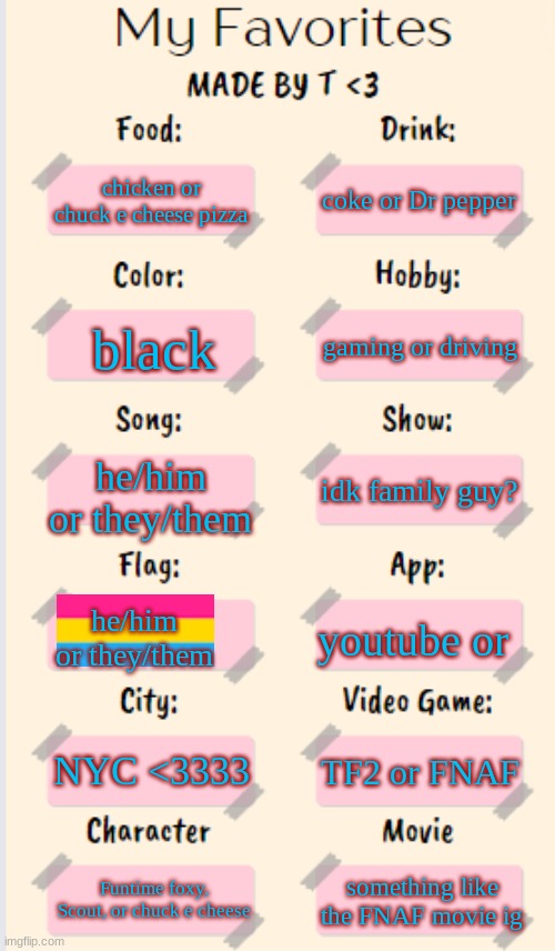 I saw this and wanted to do this | coke or Dr pepper; chicken or chuck e cheese pizza; gaming or driving; black; he/him or they/them; idk family guy? he/him or they/them; youtube or; NYC <3333; TF2 or FNAF; Funtime foxy, Scout, or chuck e cheese; something like the FNAF movie ig | image tagged in my favorites made by t | made w/ Imgflip meme maker