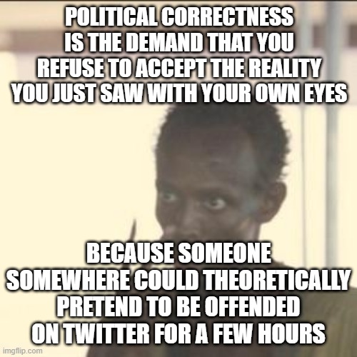 Look At Me | POLITICAL CORRECTNESS IS THE DEMAND THAT YOU REFUSE TO ACCEPT THE REALITY YOU JUST SAW WITH YOUR OWN EYES; BECAUSE SOMEONE SOMEWHERE COULD THEORETICALLY PRETEND TO BE OFFENDED ON TWITTER FOR A FEW HOURS | image tagged in memes,look at me | made w/ Imgflip meme maker
