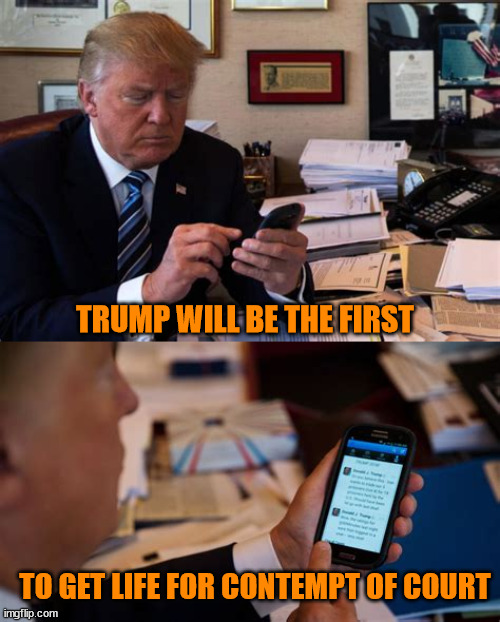 Trump will be first! | TRUMP WILL BE THE FIRST; TO GET LIFE FOR CONTEMPT OF COURT | image tagged in hush money,gag order,maga mouth,trump on ice,stormy daniels,lock him up | made w/ Imgflip meme maker