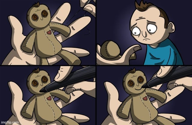 Made a voodoo doll of himself | image tagged in voodoo doll,voodoo,doll,toy,comics,comics/cartoons | made w/ Imgflip meme maker